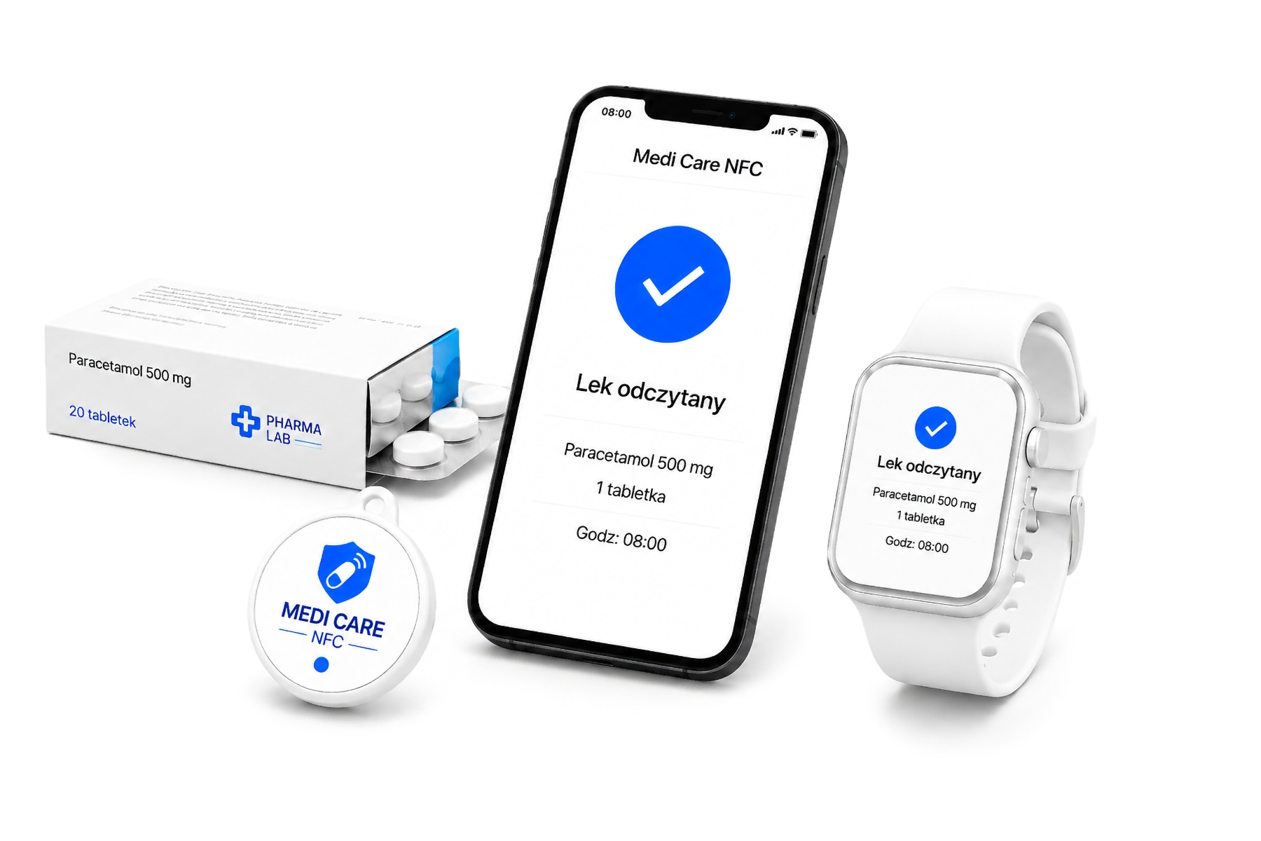 Telefon i smartwatch z odczytem: Paracetamol 500 mg obok opakowania i naklejki MEDI CARE NFC.