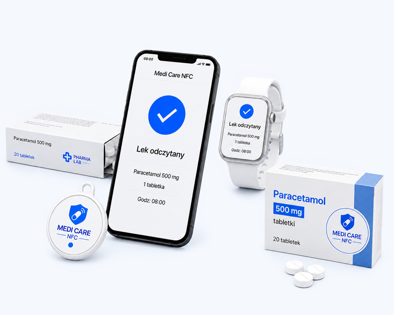 Telefon i smartwatch z odczytem: Paracetamol 500 mg obok opakowań i naklejki MEDI CARE NFC.