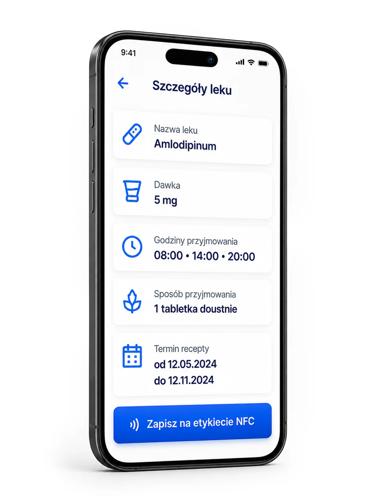 Ekran aplikacji MEDI CARE NFC ze szczegółami leku: nazwa, dawka i godziny przyjmowania.