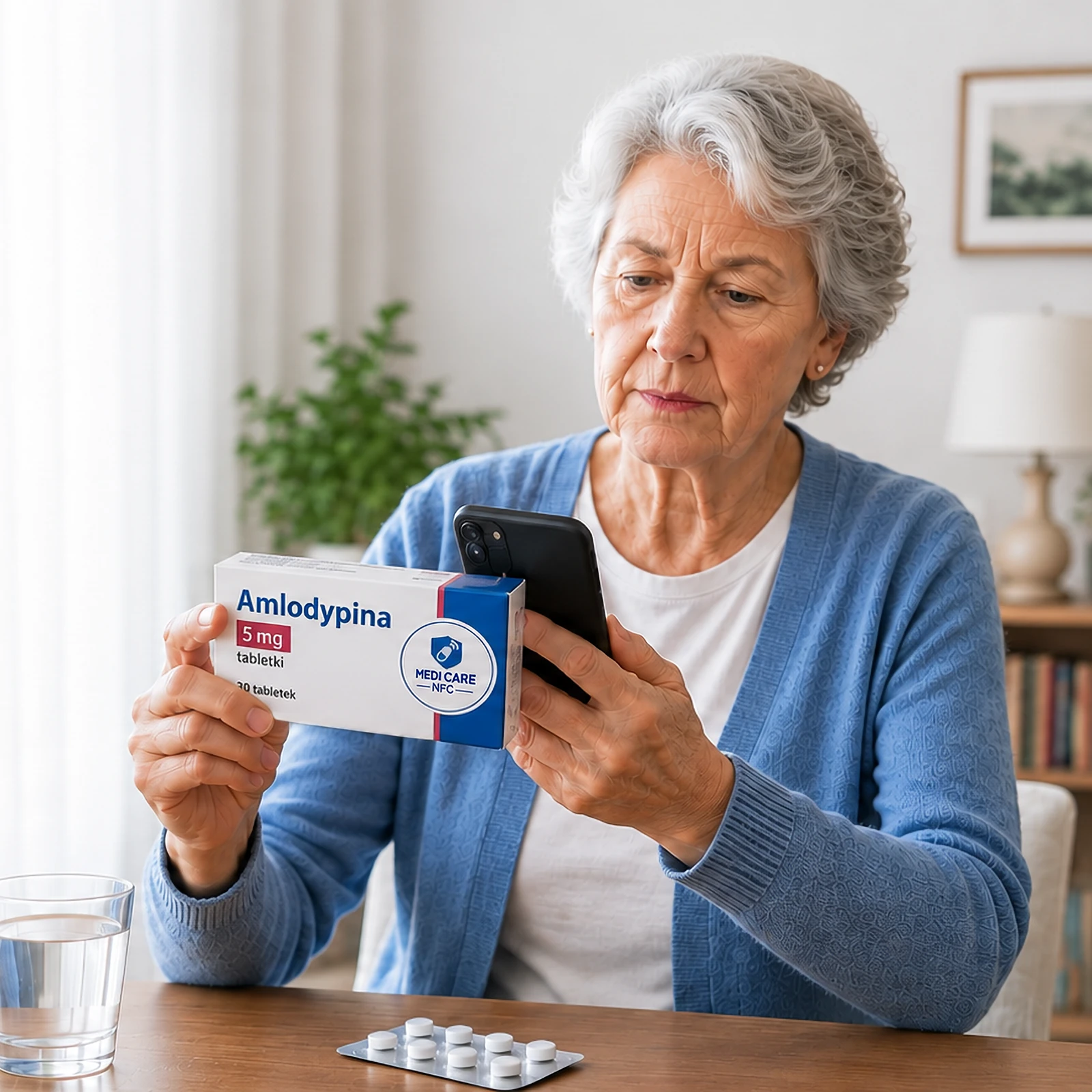 Starsza kobieta przykłada telefon do opakowania Amlodypiny 5 mg z naklejką MEDI CARE NFC.