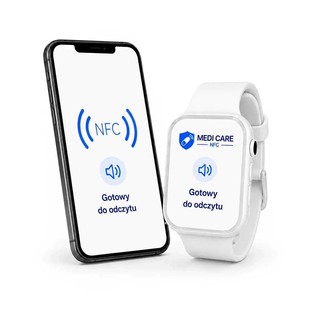 Telefon z sygnałem NFC i naręczny czytnik MEDI CARE NFC z napisem „Gotowy do odczytu”.