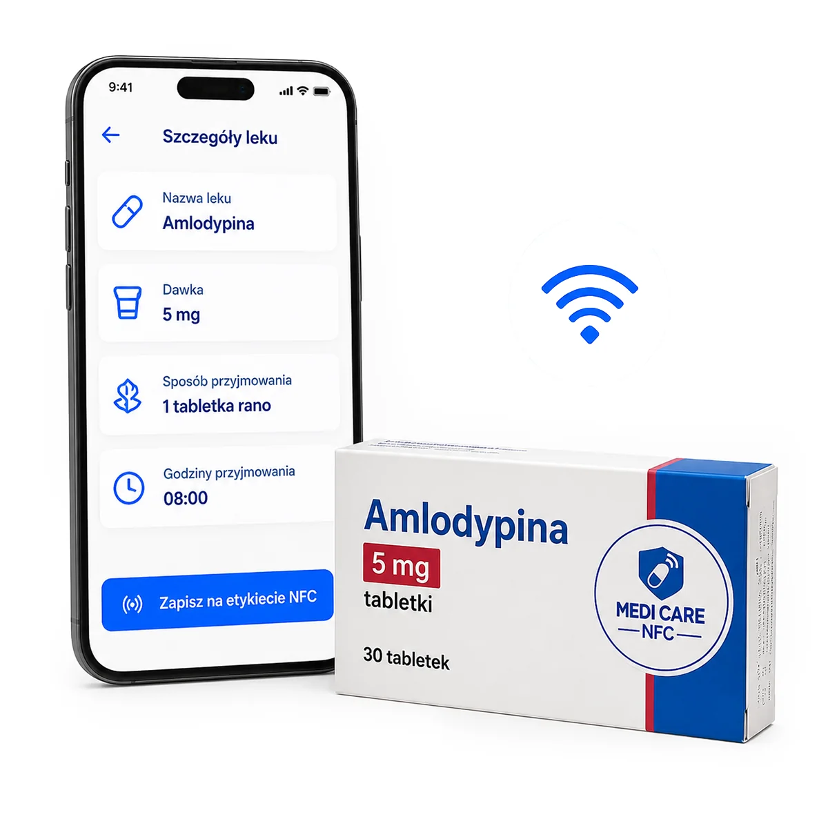 Telefon z ekranem szczegółów leku obok opakowania Amlodypiny oznaczonego etykietą NFC.
