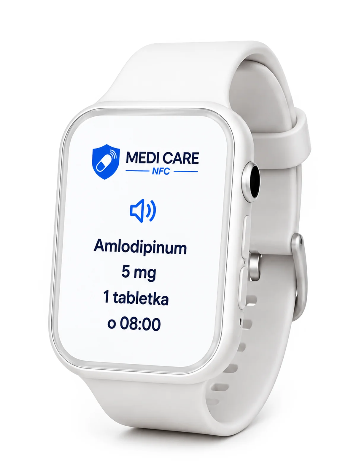 Naręczny czytnik MEDI CARE NFC z odczytem: Amlodipinum 5 mg, 1 tabletka o 08:00.